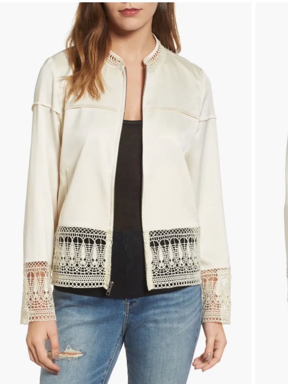hinge Cream Crochet-Trim Bomber Jacket